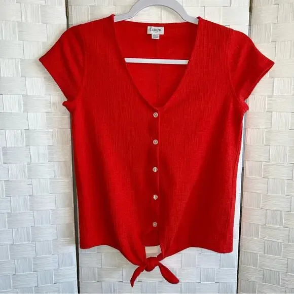 J Crew Cotton Button Down Tie Front Short Sleeve Shirt Red Women’s Size XXS - Picture 7 of 9